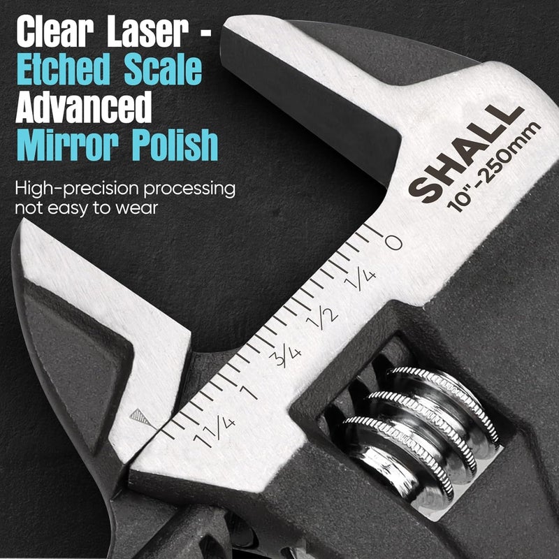 SHALL 3-Piece Adjustable Wrench Set, 10/8/6 Inch Cr-V Steel Wrench with Cushion Grip, Wide Jaw Black Oxide Wrench with Laser-etched SAE Scales for Home, Garage, Workshop and DIY - Image 4